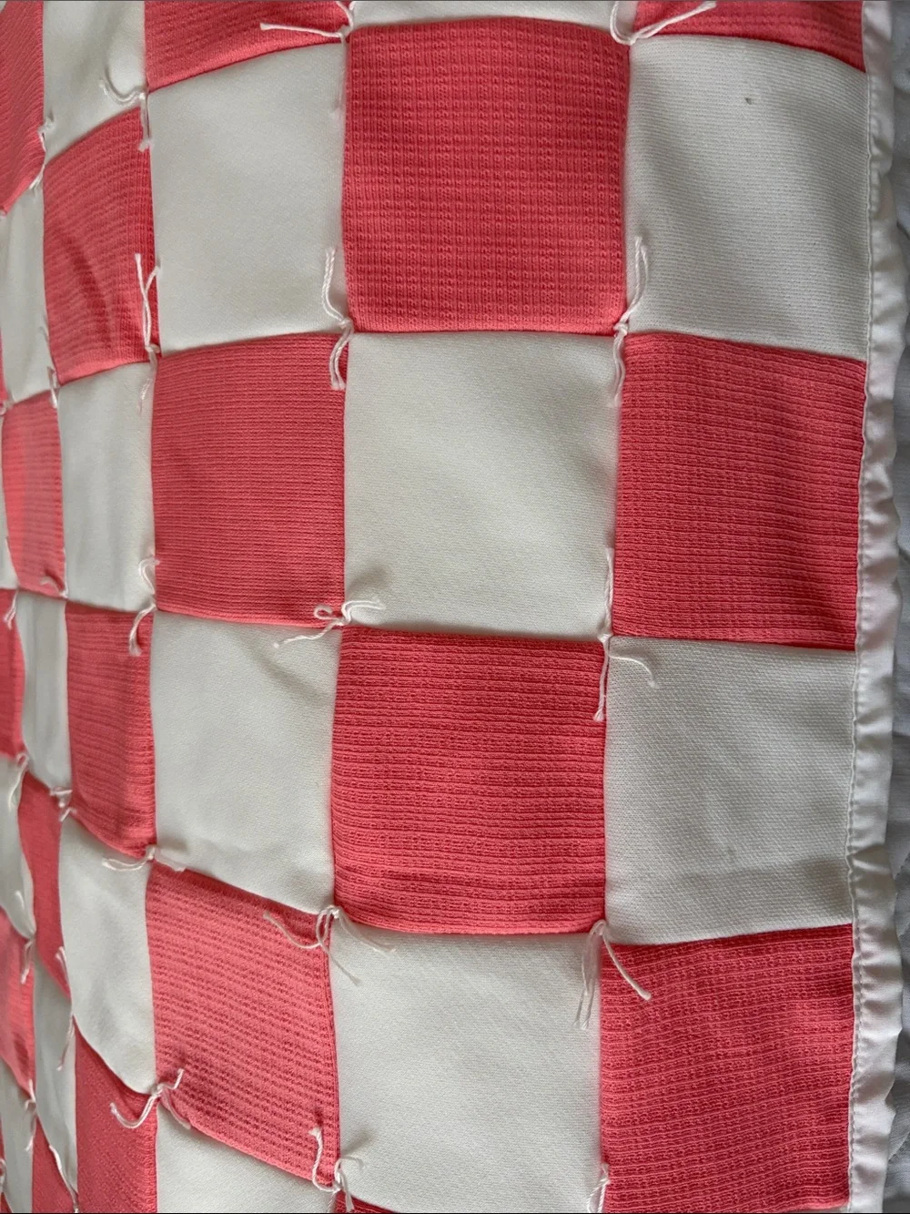 Handmade Coral and White Checkered Tied Quilt